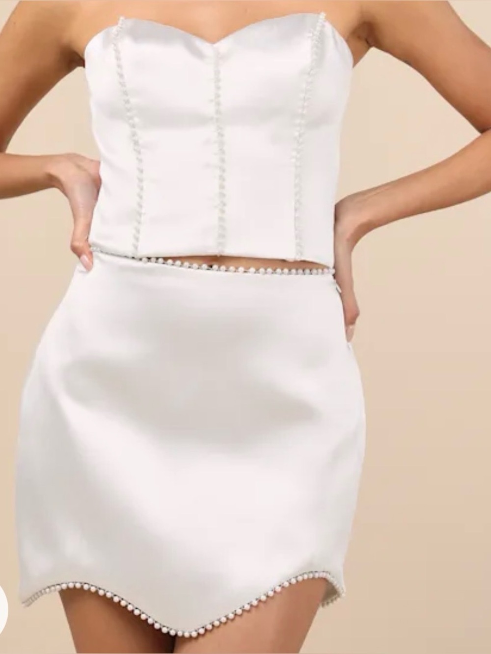 Lulu's White Pearl Satin Two Piece Set - Corset Top with Mini Skirt